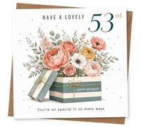 53rd Birthday Card for Her, Floral Bouquet Gift Boxes | “Have a lovely 53rd” above flowers in striped gift boxes; finishes with “You’re so special in so many ways”.