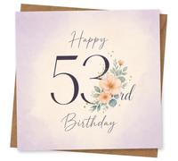 53rd Birthday Card for Her, Happy Birthday Florals | Marks her 53rd with navy script birthday wording and soft peach flower detailing nestled beside the age.