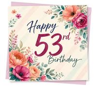 53rd Birthday Card for Her, Watercolour Stripes & Blooms | Watercolour pastel diagonal stripes framed by pink, peach and teal flowers, with large “Happy 53rd Birthday” text.