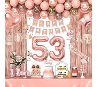 53rd Birthday Decorations for Women Girls, Happy 53 Birthday Decorations for Her, Rose Gold Birthday Party Supplies with Banner, Number Balloons, Fringe Curtains, Hanging Swirls