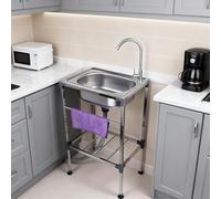 53x38x83cm Free Standing Kitchen Single Bowl Sink Stainless Steel Portable Commercial Restaurant Sink with Stand Multifunctional Mobile Workstation Wash Basin,for Outdoor Camping Laundry Garage