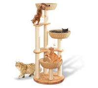 54" Large Modern Cat Trees, Luxury Rattan Oak Solid Wood Cat Trees Towers, 3 Weaving Cat Nests, Sisal Scratching Posts, Cat Condo for Indoor Cats, Easy Clean