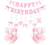 54 PCS Happy Birthday Banners for Girls and Bow Pink Balloons Set, Coquette Decor Happy Birthday Decorations for Women, Pink Birthdays Decorations with a Ribbon Bow Hanging Swirls Ceiling Decor