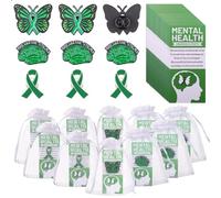 54 Sets Mental Health Awareness Pins Bulk Green Butterfly Brain and Ribbon Hope Brooch Inspiring Symbol Badge for Men Women with Inspirational Cards Organza for Public Charity Events Favor
