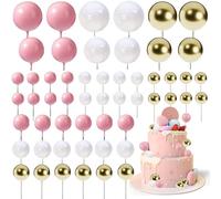 54Pcs Cake Toppers Ball, Pink Gold Ball Cake Decorations, Cupcakes Mini Pink Balloon, Cake Topper Ball, for Birthday Christmas Party Cake (Pink, White, Gold)
