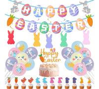 54pcs Easter Decorations for Home, Easter Party Balloons, Happy Easter Bunny Banner, Easter Eggs Bunting, Cute Bunny Hanging Swirls, Rabbit Table Decoration Cake Toppers for Easter Party Supplies