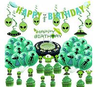 54Pcs Pre-assembled Alien Birthday Party Decoration Kit Alien UFO Themed Happy Birthday Banner Hanging Swirls Balloons Cupcake & Cake Toppers for Birthday Party Supplies