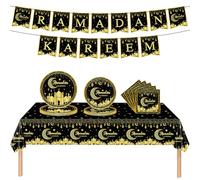 54Pcs Ramadan kareem Tableware Set,Black Gold Moon&Star Ramadan Decorations for Home Including 1P Table Cloth,32P Paper Plates,20P Napkins and 1 Set Ramadan kareem Banner for Ramadan Table Decors