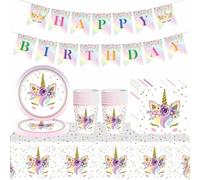 54Pcs Unicorn Girls Party Tableware - Decorations, 7inch Paper Plates, Banner, Paper Napkins for Kids Unicorn Theme