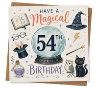 54th Birthday Card, Crystal Ball, Spell Book and Black Cat | Magical 54th birthday wizard theme with crystal ball centre, plus spell book, witch hat, owl and a black cat.