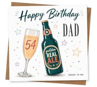 54th Birthday Card for Father, Beer Bottle & Star Confetti | A bold 54th for Father featuring a beer bottle, champagne glass and confetti-style stars with a big happy birthday message.