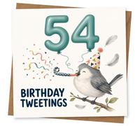 54th Birthday Card for Her, Birthday Tweetings Bird | Playful 54th birthday artwork with teal balloon “54”, cute bird blowing a party blower and a scatter of bright confetti.