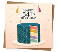 54th Birthday Card for Her, Cake, Tassel Banner, Gold Stars