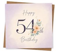 54th Birthday Card for Her, Happy Birthday Florals | Delicate peach blooms and leafy sprigs complement “Happy 54th Birthday” in elegant navy script.