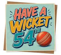 54th Birthday Card for Her, Have a Wicket, Cricket Theme | A bold cricket-themed front for her 54th, featuring “Have A Wicket 54th” in standout retro lettering on blue.
