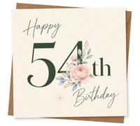 54th Birthday Card for Her, Pink Blooms & Green 54 | “Happy 54th Birthday” on a cream background, with soft pink blooms and strong dark green lettering.