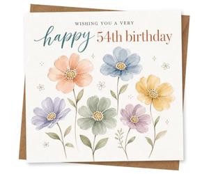 54th Birthday Card for Her, Soft Watercolour Flowers | Soft watercolour-style flowers with the stylish front message “wishing you a very happy 54th birthday” for her.