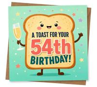 54th Birthday Card for Her, Toast with Champagne Glass | Smiling toast character raising bubbly beside the words “A Toast For Your 54th Birthday!”, with colourful star confetti.