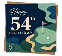 54th Birthday Card for Him, Golf Course, Flag and Buggy | For his 54th: bold “Happy 54th Birthday” over a winding fairway scene with flag on the green, golf ball and buggy.