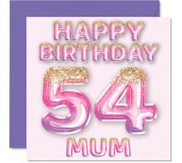 54th Birthday Card for Mum - Pink & Purple Glitter Balloons - Happy Birthday Cards for 54 Year Old Mum Mother from Son Daughter, 145mm Bday Greeting Cards Gift