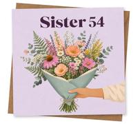 54th Birthday Card for Sister, 54 on Lilac | Pretty pastel bouquet with elegant “Sister 54” lettering on a soft lilac background; a floral pick for her 54th.
