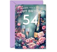 54th Birthday Card - Pink Presents Champagne Bottle - Gorgeous Pretty Beautiful Birthday Cards for 54 Year Old Woman Women, 5x7 Inch Greeting Cards Gift