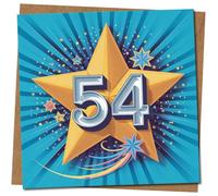 54th Birthday Card - Starburst Design - 145mm x 145mm Square - Blue and Gold - Celebration Card, Includes Kraft Envelope