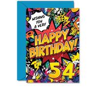 54th Birthday Cards for Men Women - Comic Book Pow! - Happy Birthday Card for 54 Year Old Man Woman Dad Neighbour Colleague Nan, A5 Bday Greeting Cards