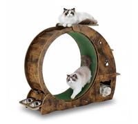 55.12"x14.56"x40.55" 4-in-1 Cat Exercise Wheel for Indoor Cats, Retro Brown | Cat Running Wheel with Built-In Bowls, Scratching Post & 3-Level Jumping Tower, Easy to Clean, Inner Diameter 85cm