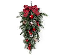 55 cm Artificial Christmas Teardrop Swag, Faux Pine Swag with Red Berries, Pine Cones, Bow and Ball Ornaments, Teardrop Door Swag for Wall Window Xmas Decor