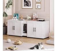 55" Large Cat Litter Box Enclosure for 2 Cats, Hidden Litter Box Furniture with Barn Doors, Double Room Wood Cat Washroom Bench, Rustic Litter Box Cabinet for Living Room & Bedroom, White