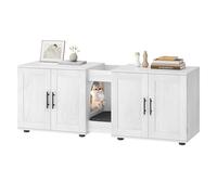 55" Large Cat Litter Box Enclosure for 2 Cats, Hidden Litter Box Furniture with Barn Doors, Double Room Wood Cat Washroom Bench, Rustic Litter Box Cabinet for Living Room & Bedroom, White