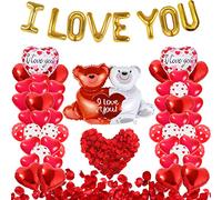 55 Pack Valentine's Day Balloons with 1000 Pcs Silk Rose Petals - I LOVE YOU Balloons, Heart Balloons, Love-Bear Balloons for Anniversary Valentine Day, Romantic Decorations Special Night for Bedroom