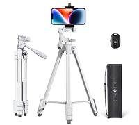 55" Phone Tripod -PHOPIK Extendable Tripod Stand with Shutter-Video Tripod with 360 Panorama and 1/4” Mounting Screw for iPhone/Android/Sport Camera-Phone Holder for Smartphone-Upgrade White