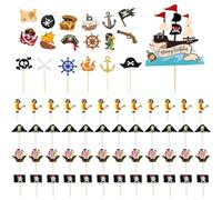 55 Pieces Of Pirate Card Insertion, 1 Piece Of Paper Flag Pulling, Creative Personality Cake Topper, Pirate Theme Accessories, And Children'S Birthday Party Decoration.