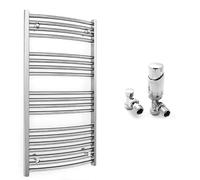 550mm Wide Curved Chrome Heated Bathroom Towel Rail Radiator With Valves For Central Heating UK (With TRV Angled Valves, 550 x 1000 mm (h))