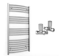 550mm Wide Curved Chrome Heated Bathroom Towel Rail Radiator With Valves For Central Heating UK (With Curved Valves, 550 x 1000 mm (h))