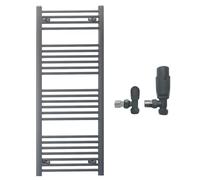 550mm Wide Straight Anthracite Grey Heated Bathroom Towel Rail Radiator With Valves For Central Heating UK (With TRV Angled Valves, 550 x 1200 mm (h))
