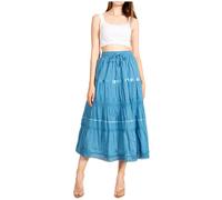 554M - Sakkas Solid Embroidered Gypsy/Bohemian Mid Length Cotton Skirt - Blue/One Size