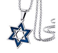 555Jewelry 2 Tone Stainless Steel Star of David Necklace for Men & Women, Box Chain Star Of David Necklace for Women, Small Jewish Star Necklace, Mens Jewish Star Necklace, 20 Inch, Silver & Blue