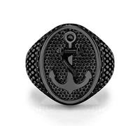 555Jewelry Classic Stainless Steel Rings for Men, Retro Vintage Signet Seal Nautical Pirate Sailor Anchor Ring for Men, Navy Rings for Men, Black, Size T 1/2