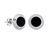 555Jewelry Stainless Steel & Black Onyx Express Your Love Round Vintage Greek Key Pattern Button Stud Earrings, Love Earrings for Women, Fashionable Designer Earrings for Ladies- Silver