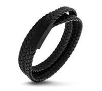 555Jewelry Stainless Steel Braided Double Wrap Leather Twist Rope Chain Cord Adjustable Magnetic Clasp Simple Men Women Unisex Fashion Jewelry Accessory Bangle Bracelet, Black & Black 8 Inch