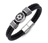 555Jewelry Stainless Steel & Braided Leather Star of David Bracelet for Men and Gents, Jewelry Star of David, Mens Bracelet Jewish, Leather Bracelet for Men, 8.25 Inch, Silver