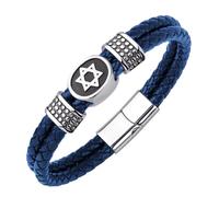 555Jewelry Stainless Steel & Braided Leather Star of David Bracelet for Men and Women, Jewelry Star of David, Mens Bracelet Jewish, Leather Bracelet for Men, 9 Inch, Blue & Silver