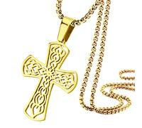 555Jewelry Stainless Steel Celtic Cross Necklace for Men, Grooved Pattern Cross Necklace for Boys, Religious Crucifix Cross Pendant for Men & Guys, Gold, 16 Inches Box Chain