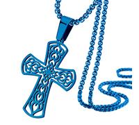 555Jewelry Stainless Steel Celtic Cross Necklace for Men, Grooved Pattern Cross Necklace for Boys, Religious Crucifix Cross Pendant for Men & Guys, Blue, 24 Inches Box Chain