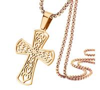 555Jewelry Stainless Steel Celtic Cross Necklace for Men, Grooved Pattern Cross Necklace for Boys, Religious Crucifix Cross Pendant for Men & Guys, Rose Gold, 16 Inches Box Chain