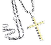 555Jewelry Stainless Steel Cross Necklace for Men, 2 Tone Gentle Classic Cross Pendant for Boys & Girls, Religious Crucifix Cross Pendant for Men & Women, Silver & Gold, 22 Inches Box Chain