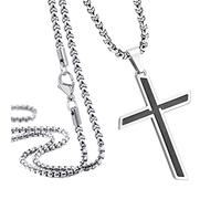 555Jewelry Stainless Steel Cross Necklace for Men, 2 Tone Gentle Classic Cross Pendant for Boys & Girls, Religious Crucifix Cross Pendant for Men & Women, Silver & Black, 26 Inches Box Chain
